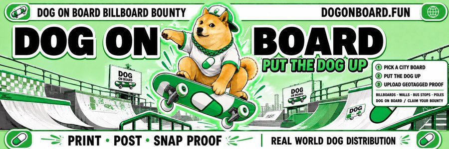 Promotional graphic for 'Dog on Board Billboard Bounty' at dogonboard.fun, instructing users to pick a city board, put up the dog image, and upload geotagged proof.