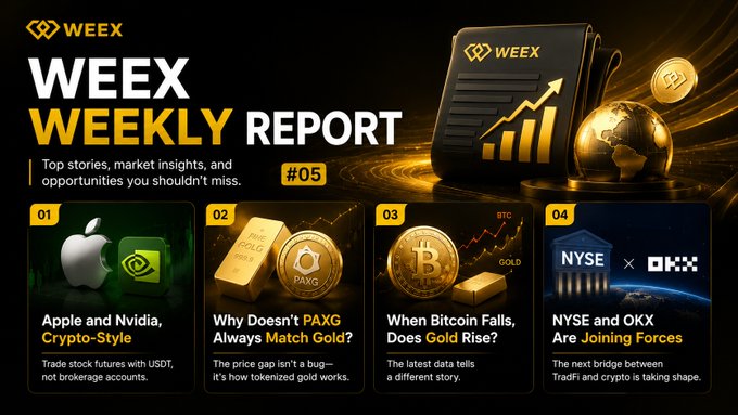 A WEEX Weekly Report #05 cover featuring four story highlights: (1) "Apple and Nvidia, Crypto-Style" — trading stock futures with USDT without brokerage accounts, (2) "Why Doesn't PAXG Always Match Gold?" — explaining the price gap in tokenized gold, (3) "When Bitcoin Falls, Does Gold Rise?" — BTC vs. gold analysis, and (4) "NYSE and OKX Are Joining Forces" — TradFi and crypto bridge developments. The banner aligns with the post promoting the first two articles on stock futures and PAXG's pricing mechanics.