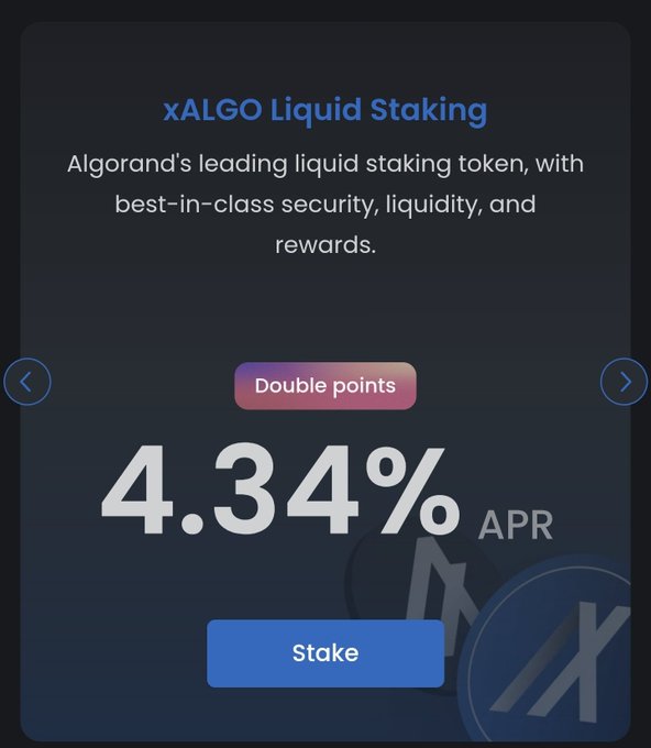 A Folks Finance promotional card for xALGO Liquid Staking displays a 4.34% APR yield with "Double points" benefits, featuring a blue "Stake" button that invites users to stake their $ALGO for rewards. The interface reinforces the post's message about earning 4.34% plus bonus points for future airdrops on the Algorand blockchain.