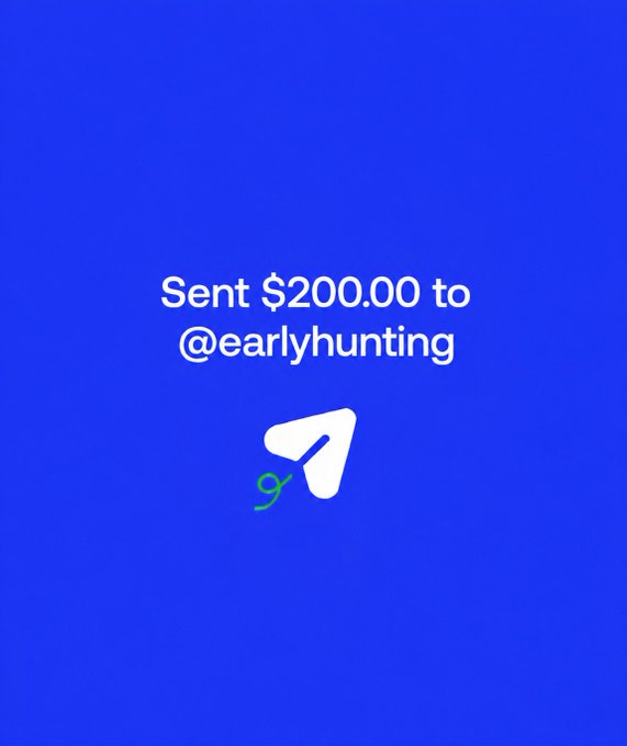 The image shows a digital payment confirmation reading "Sent $200.00 to @earlyhunting" with a paper airplane icon on a blue background, illustrating an example of a crypto airdrop transaction. It serves as visual proof of payment to past winners, supporting the post's request for Solana addresses for the current $1,000 $CATE airdrop round.