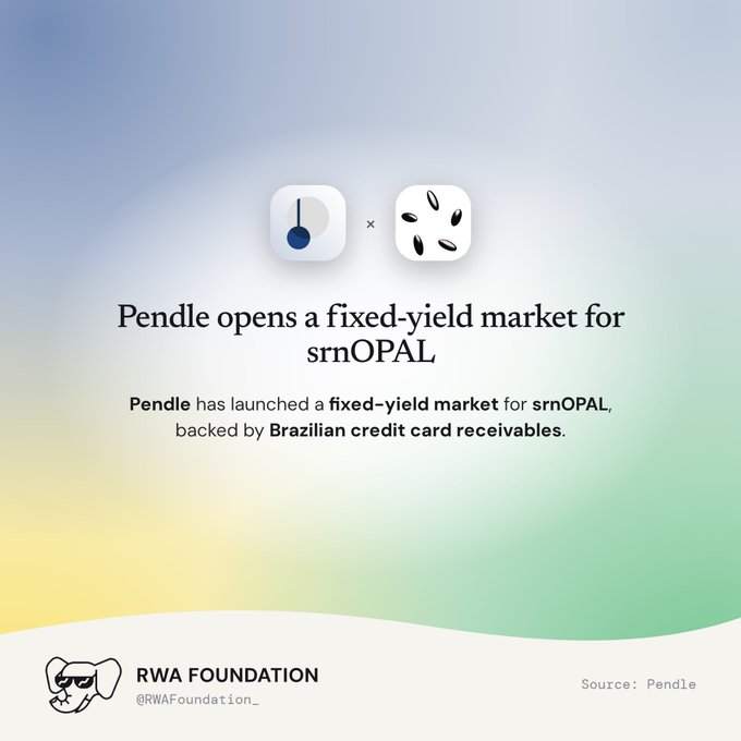 An announcement graphic reading 'Pendle opens a fixed-yield market for srnOPAL', noting it is 'backed by Brazilian credit card receivables', sourced from Pendle and posted by RWA Foundation (@RWAFoundation_).
