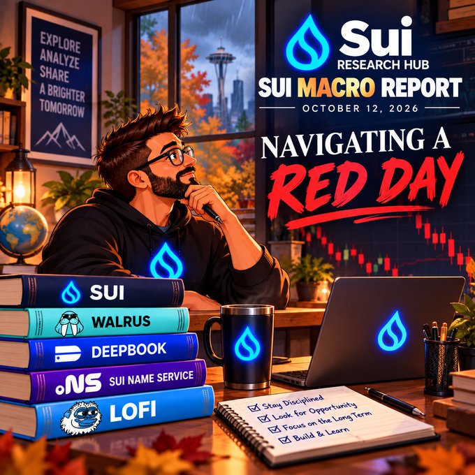 A promotional poster for 'Sui Research Hub SUI MACRO REPORT' dated October 12, 2026, titled 'NAVIGATING A RED DAY,' featuring illustrations of a man at a computer alongside stacked books labeled Sui, Walrus, DeepBook, Sui Name Service, and LoFi.