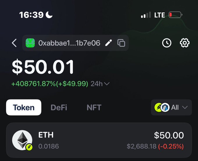 A crypto wallet screenshot displays a token portfolio valued at $50.01, showing a +408761.87% gain (+$49.99) over 24 hours, with holdings of 0.0186 ETH worth $50.00. The post celebrating "$GARRI" aligns with the image's dramatic percentage gain, suggesting the wallet belongs to a $GARRI holder showcasing their meme token's explosive performance alongside their modest ETH position.