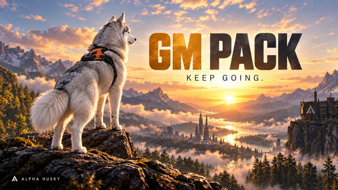 Promotional banner featuring a husky dog on a rocky cliff overlooking a mountainous landscape with the text "GM PACK - KEEP GOING." and "ALPHA HUSKY" branding.