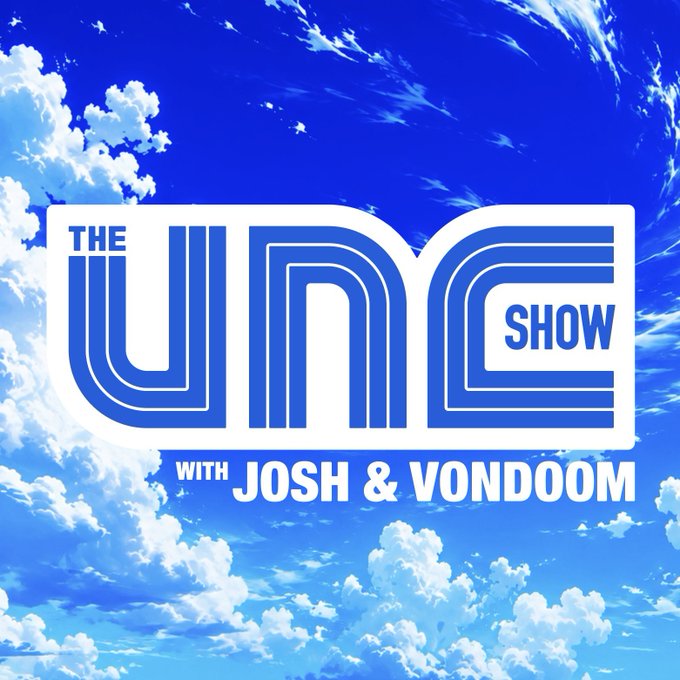 The image is a logo for "THE UNC SHOW WITH JOSH & VONDOOM," displayed in bold retro-style blue and white lettering against a vibrant blue sky filled with fluffy clouds. The sky background gives the logo a bright, uplifting feel, fitting the promotional post announcing the show's massive lineup featuring NFT artists and crypto guests airing at 1pm PT.