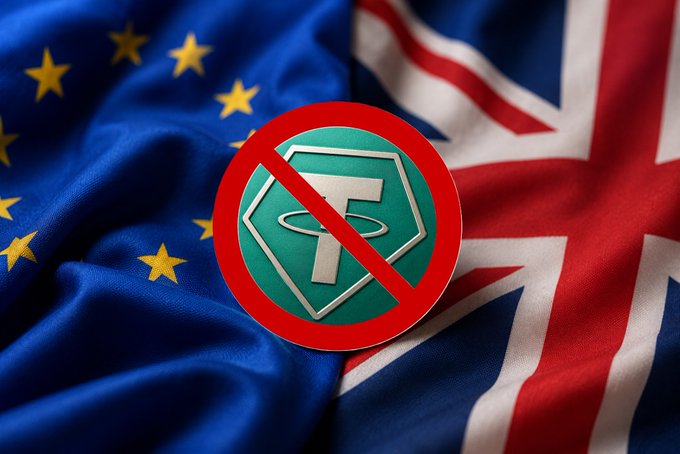 Image showing the EU flag and British Union Jack with a Tether (USDT) logo overlaid with a red prohibition sign, symbolizing a ban or restriction on Tether in the EU and UK.