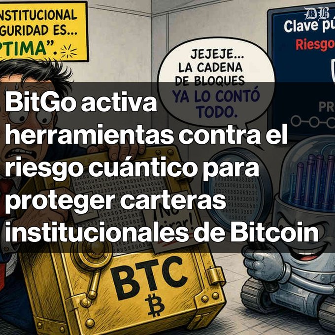 A Spanish-language cryptocurrency meme/cartoon featuring a 'BTC' safe with Bitcoin-themed characters, overlaid with text about 'BitGo activa herramientas contra el riesgo cuántico para proteger carteras institucionales de Bitcoin'.
