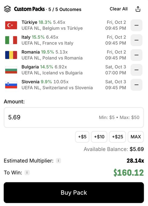 A sports betting app interface showing a 'Custom Packs' selection with five UEFA Nations League matches including Türkiye, Romania, and Bulgaria, with a wager amount of $5.69 and potential winnings of $160.12.