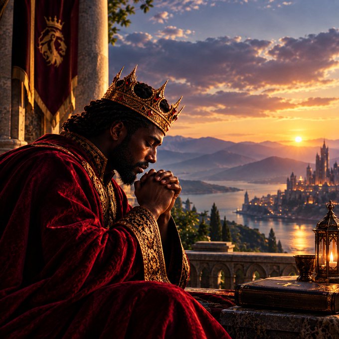 A king wearing a golden crown and red robes sits with his hands clasped in prayer, overlooking a sunset-lit kingdom with a castle and mountains in the background.