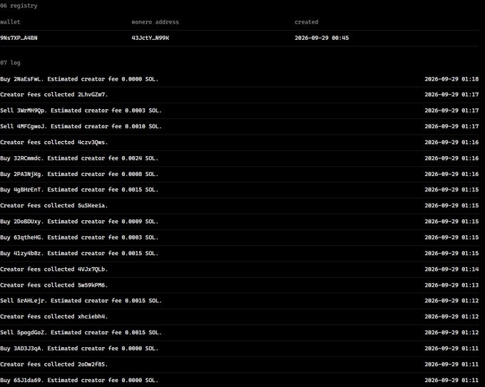 A terminal screenshot showing a Solana (SOL) registry log with a wallet creation record "9Ns7XP_AHBN" at address "433CtY_N99K" dated "2026-09-29 00:45", followed by extensive buy/sell and creator fee transaction logs in a code-style monospace font.