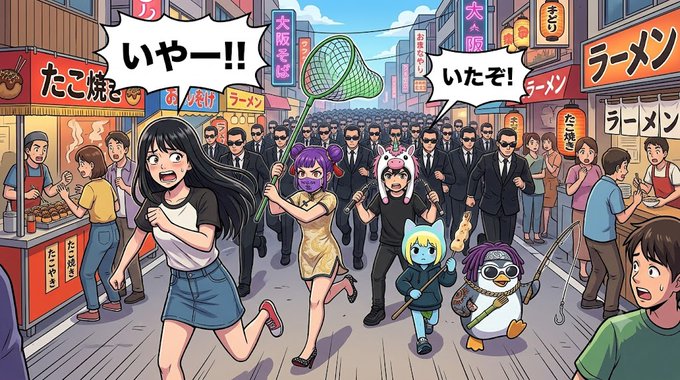 The image depicts a lively Japanese street festival scene with characters chasing after "Aki-chan," including a woman with a net, a girl in a fox mask, and penguin mascots, surrounded by food stalls like takoyaki and ramen. The visible Japanese text includes "いやー!!" (No way!!), "大阪そば" (Osaka soba), "ラーメン" (ramen), and "いたぞ!" (found her!), echoing the playful "Go catch Aki-chan" game mentioned in the post about Mantle's Japan-exclusive swag campaign on WebX.