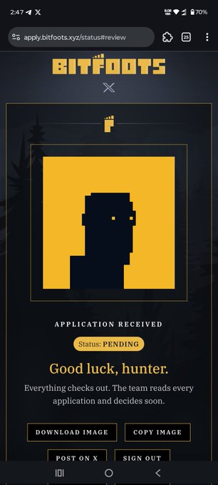 A mobile screenshot of the Bitfoots website at apply.bitfoots.xyz/status#review showing an "APPLICATION RECEIVED" status with a pixelated yellow portrait and the message "Good luck, hunter."