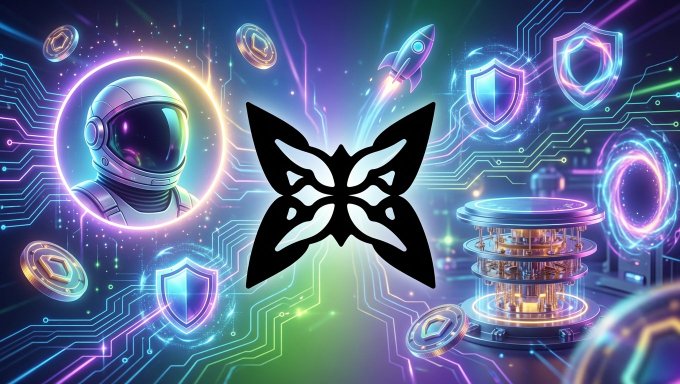 The image features an advertisement for a cryptocurrency called Quip Network. The background of the advertisement is filled with colorful neon lights, giving it a futuristic and vibrant appearance. In the center of the image, there's a black butterfly symbol, which represents the Quip Network logo. Surrounding this central symbol are various elements related to cryptocurrency, such as coins, tokens, and logos from other companies like Draper Labs and XPRIZE. The text in the image reads "Quick update frens @quipnetwork has a stacked team OGs from XX Network + Draper Labs, backed by portal Ventures. Testnet is live, nodes are running, and the airdrop quests feel like free money."