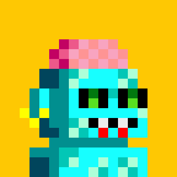 A pixel art character on a yellow background with a cyan/blue body, green eyes, pink top, and a wide grinning mouth with red tongue, in a retro 8-bit style.