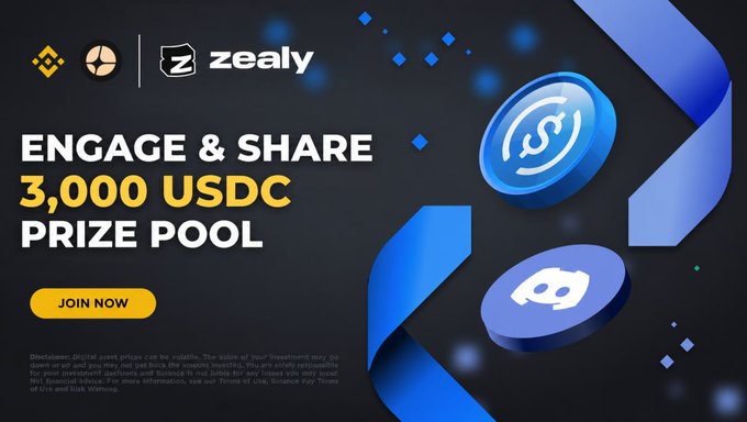 A promotional banner for the "Binance x Aster Sprint" campaign on Zealy, featuring logos for Binance, Aster, and Zealy, with bold text announcing an "Engage & Share 3,000 USDC Prize Pool" and a yellow "Join Now" call-to-action button. The design includes floating blue tokens with refresh and community icons alongside ribbon-like accents, visually reinforcing the contest's engagement and reward theme.