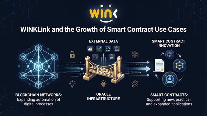 An infographic titled 'WINkLink and the Growth of Smart Contract Use Cases' illustrates blockchain networks connecting to external data, oracle infrastructure, and smart contracts.