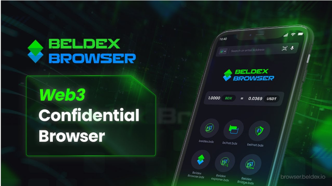 A promotional image for the BELDEX BROWSER, described as a 'Web3 Confidential Browser,' shown alongside a smartphone displaying its interface and various Beldex (.bdx) domains.