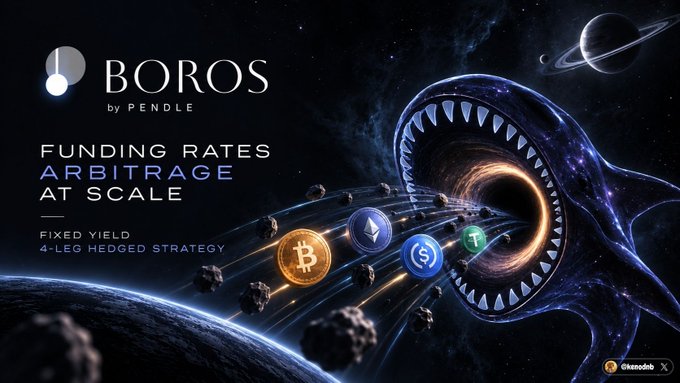 A promotional graphic for 'BOROS by PENDLE' advertising 'FUNDING RATES ARBITRAGE AT SCALE' with 'FIXED YIELD 4-LEG HEDGED STRATEGY,' featuring a cosmic space scene with a creature's open mouth and cryptocurrency coins including Bitcoin and Ethereum.