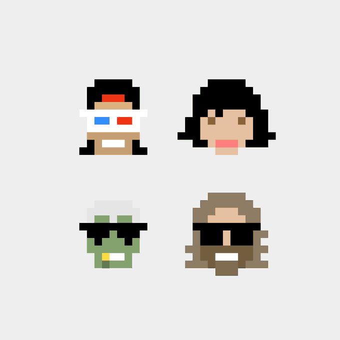 Four pixel-art characters are arranged in a 2x2 grid on a white background.