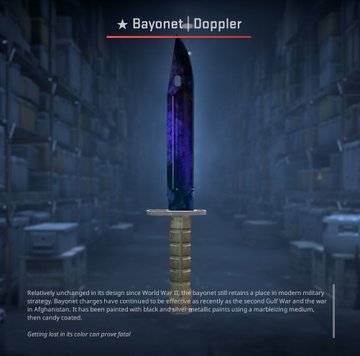 A ★ Bayonet | Doppler knife is displayed against a blue industrial background with descriptive text about the in-game item, featured in a giveaway announcement where the item is given away to a winner every Saturday on a live stream.