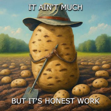 A humorous illustration of an anthropomorphic potato wearing a farmer's hat and holding a shovel in a field, with text reading 'IT AIN'T MUCH BUT IT'S HONEST WORK'.