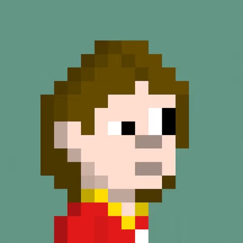 A pixel art portrait of a character with brown hair, wide eyes, and a red shirt against a teal background.