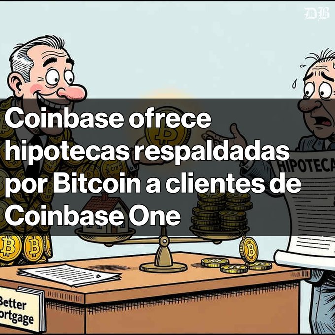 A cartoon illustration shows two men at a desk with a scale balancing gold coins and a house, with Spanish text reading "Coinbase ofrece hipotecas respaldadas por Bitcoin a clientes de Coinbase One" and "Better Mortgage" on a folder.