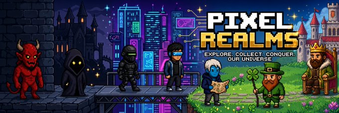 A banner for 'PIXEL REALMS' with the tagline 'EXPLORE. COLLECT. CONQUER. OUR UNIVERSE' displaying pixel art characters including a devil, ninja, soldier, businessman, leprechaun, king, and a cat.