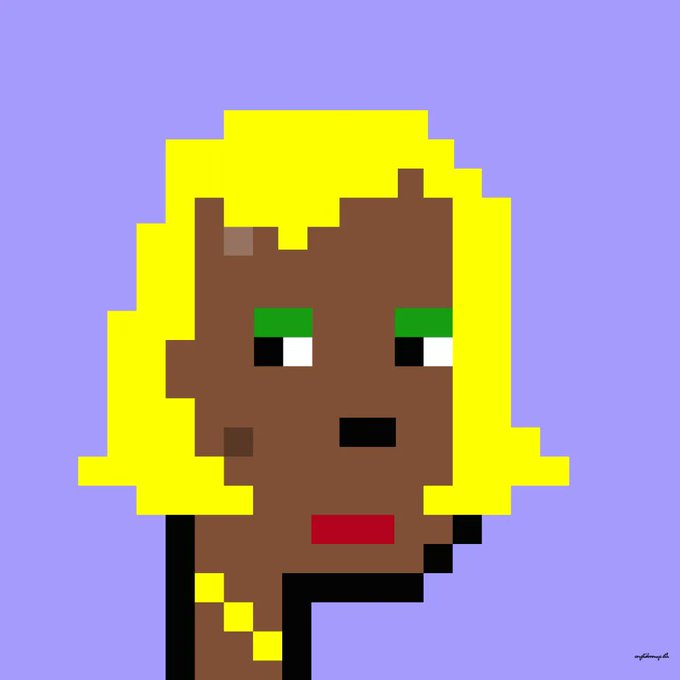 A pixel art portrait of a figure with dark skin, blonde hair, green and black eyes, a black mouth, and a red mark, set against a purple background.