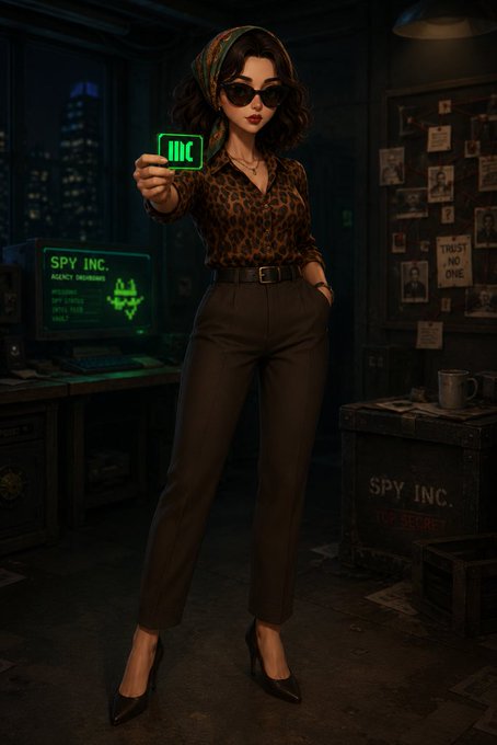 A stylized digital illustration of a woman in a leopard print shirt holding a card that reads 'IIC' in a dimly lit office with a 'SPY INC.' dossier on a computer monitor and a crate labeled 'SPY INC. TOP SECRET.'