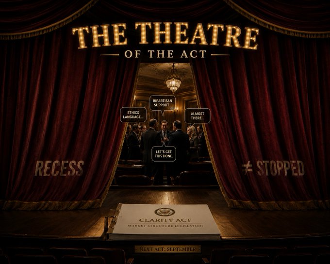A theatrical political graphic titled 'THE THEATRE OF THE ACT' featuring red curtains labeled 'RECESS' and 'STOPPED', a podium labeled 'CLARITY ACT - MARKET STRUCTURE LEGISLATION', and legislators debating topics like 'BIPARTISAN SUPPORT', 'ETHICS LANGUAGE', and 'LET'S GET THIS DONE' for a 'NEXT ACT: SEPTEMBER'.