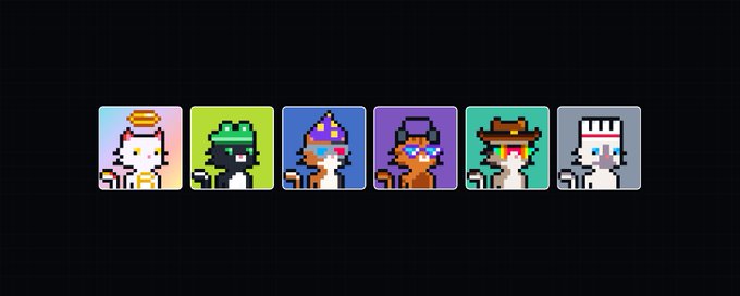 Six pixel-art character avatars, each with distinct headwear (a halo, frog hood, party hat, wizard hat, cowboy hat, and nurse cap) and rainbow-colored bodies, are arranged as collectible NFT profile pictures (PFPs) for the raffle promotion mentioned in the post.
