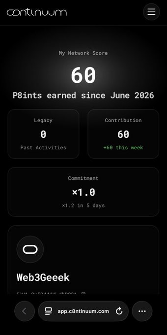 A mobile screenshot of the 'Continuum' app showing 'My Network Score' of 60 points earned since June 2026, with Legacy at 0 and Contribution at 60, Commitment multiplier at x1.0, and the username 'Web3Geeek'.