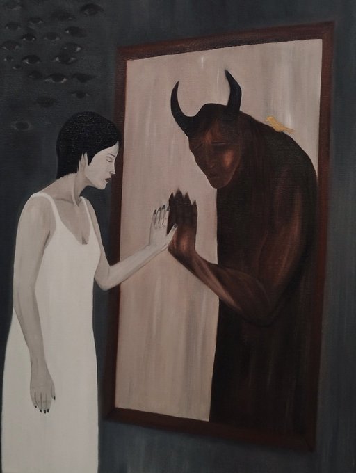 A surreal painting depicting a pale woman in a white dress standing beside a mirror or frame, where a dark horned demon-like figure reaches out its clawed hand to touch hers, while multiple shadowy eyes watch from the dark background.