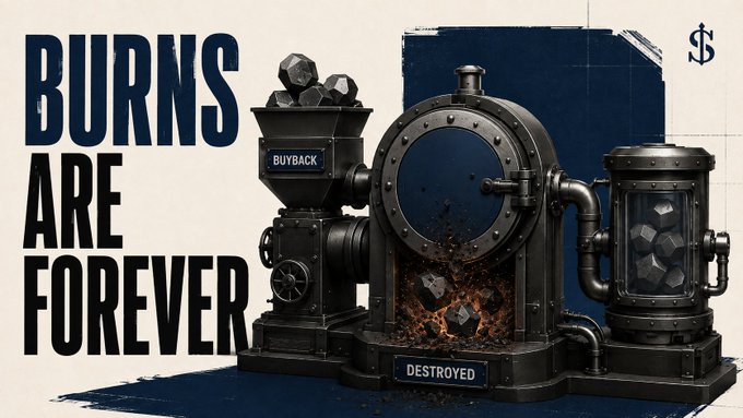 A graphic design with bold text 'BURNS ARE FOREVER' next to illustrations of industrial machines labeled 'BUYBACK' and 'DESTROYED' processing coins.