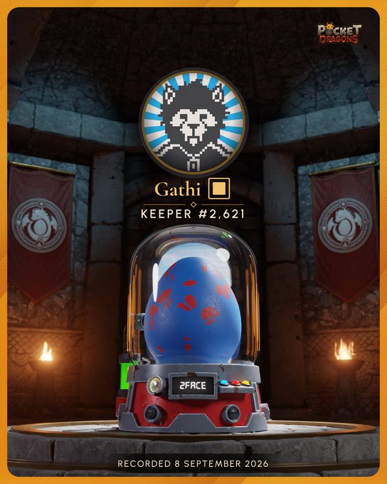 A 'Pocket Dragons' digital collectible card shows a blue egg with red markings inside a glass dome, labeled 'Gathr KEEPER #2,621' and 'RECORDED 8 SEPTEMBER 2026'.