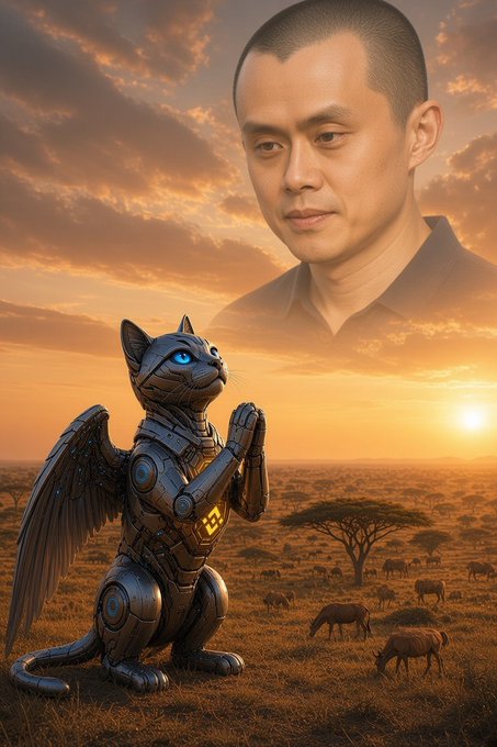 A digital artwork showing a man's face faded into a sunset sky above an African savanna, with a robotic cat-like creature wearing wings and glowing blue eyes in the foreground.