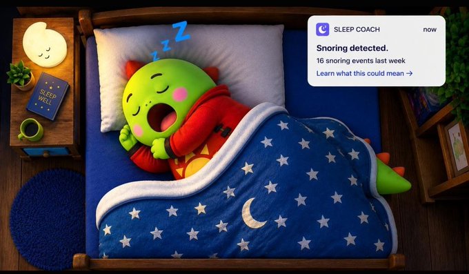 An illustration shows a green dinosaur-like character sleeping in bed under a starry blanket, with a notification reading 'SLEEP COACH now Snoring detected. 16 snoring events last week'.