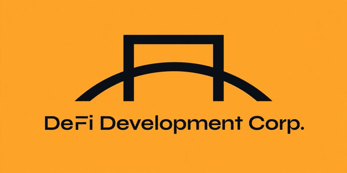 The image shows the DeFi Development Corp. logo, featuring a stylized dark bridge icon above the company name in black text on an orange background. This branding directly corresponds to the accompanying announcement about the company's substantial accumulation of $SOL tokens (now nearing 2.4 million) and its new $300 million ATM offering for CHAD preferred shares.