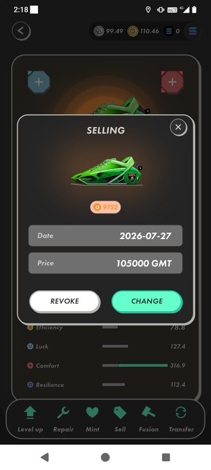 A mobile game screenshot showing a 'SELLING' pop-up for a green sneaker item priced at 105000 GMT, with options to revoke or change the listing.