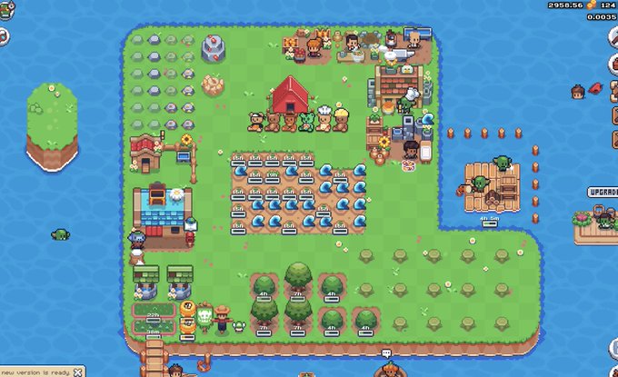 A pixel-art farming and crafting game screenshot showing a developed island with crops, buildings, characters, and resource stations on a grid-based layout surrounded by water.