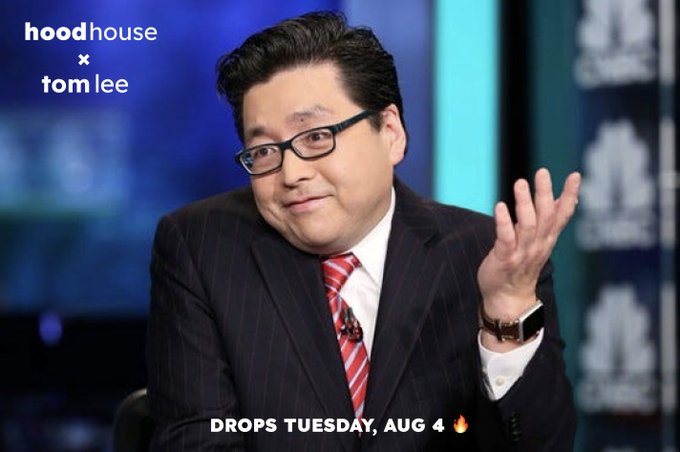 A promotional image featuring Tom Lee in a pinstripe suit and glasses gesturing with his hand, with "hoodhouse x tom lee" branding in the corner and "DROPS TUESDAY, AUG 4 🔥" text at the bottom, announcing his upcoming appearance on the Hood House series.