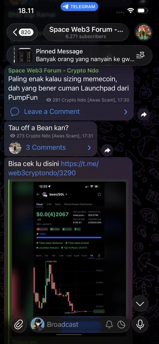 The image is a screenshot of a Telegram post in the "Space Web3 Forum" (6,271 subscribers) where a user named "Crypto Ndo" warns about meme coin scams, stating "Paling enak kalau sizing memecoin, dah yang bener cuman Launchpad dari PumpFun" and shares a link to web3cryptondo with a chart of the BEAN/SOL token showing a price drop of 35.53% to $0.0(4)2067. The post promotes self-trust in the crypto market while cautioning about meme coin risks, aligning with the accompanying caption about trusting yourself in market decisions.