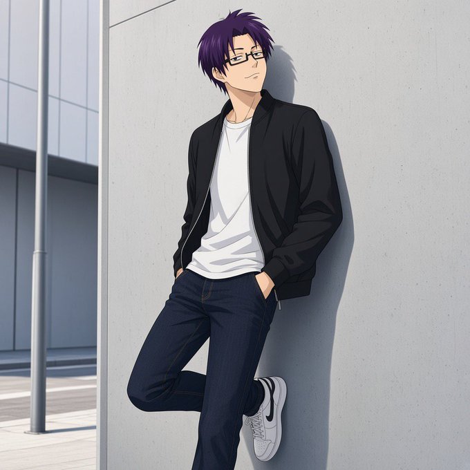 An anime-style illustration of a young man with purple hair and glasses, wearing a black jacket, white t-shirt, and jeans while leaning against a gray wall.