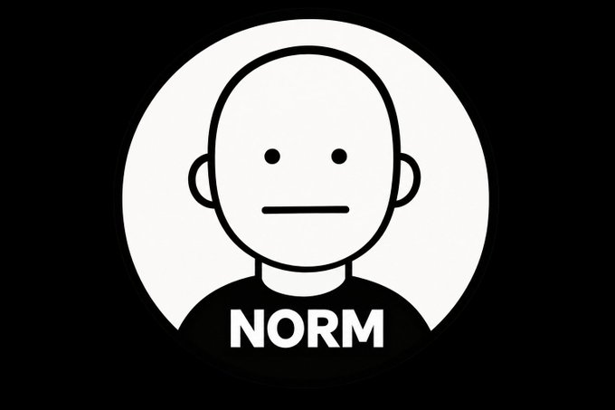 A black and white circular logo features a minimalist cartoon illustration of a bald man's head and shoulders with the word 'NORM' displayed below.