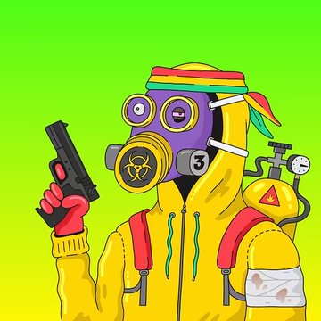 A vibrant cartoon illustration of a character in a yellow hazmat suit and gas mask with a pride-colored bandana, holding a pistol with a red biohazard glove.
