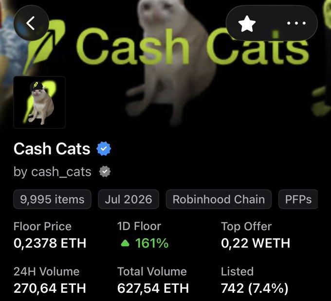 NFT collection page for 'Cash Cats' by cash_cats showing 9,995 items on Robinhood Chain with a floor price of 0.2378 ETH (up 161% in 24h), 270.64 ETH 24H volume, and 742 (7.4%) listed.
