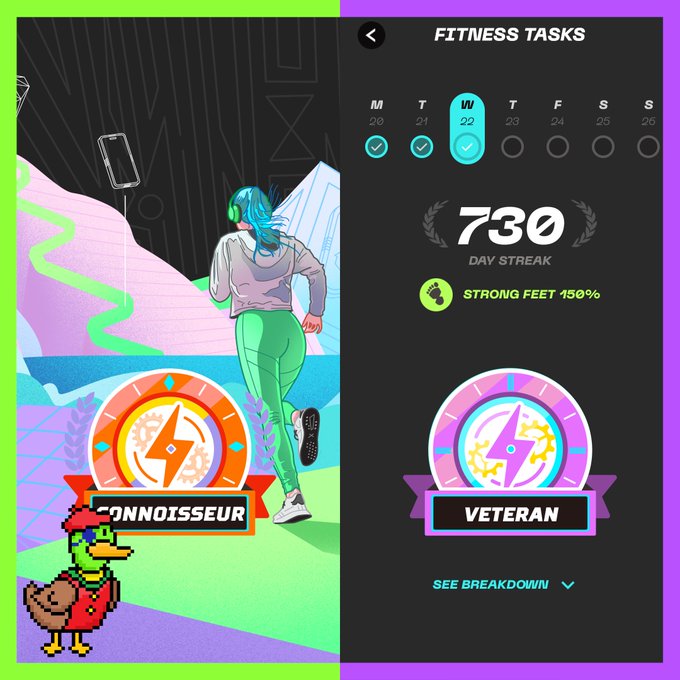 Two mobile app screenshots showing fitness achievement badges, including a 'CONNOISSEUR' badge with an illustrated character and a 'VETERAN' badge with a 730 day streak and 'STRONG FEET 450%' stat.