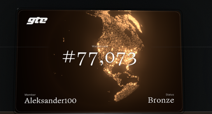 A digital badge from "gte" showing Member "Aleksander100" with rank #77,073 and Bronze status, featuring a glowing map of North America.