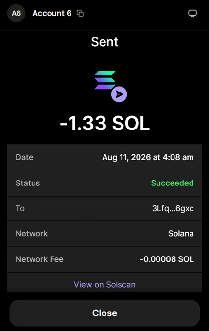 A screenshot of a successful Solana transaction showing -1.33 SOL sent from Account 6 to address 3Lfq...6gxc on Aug 11, 2026 at 4:08 am, with a network fee of -0.00008 SOL. The image serves as proof of payment for the giveaway winner announcement.